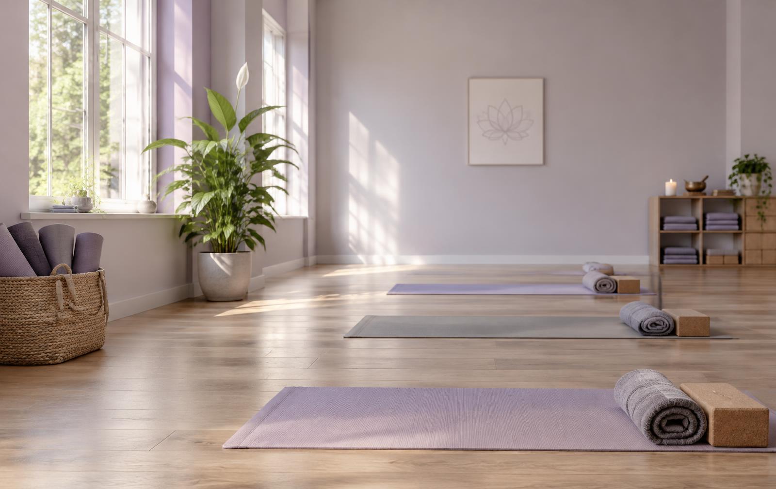 Lichte yogastudio met matten en planten
